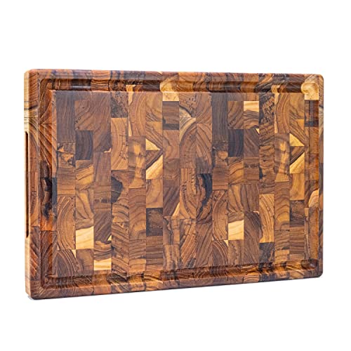 Erreke End Grain Teak Wood Cutting Board, High Durability Big Size, Juice Groove, Chopping Or Serving Meat Cheese Bread (17.5x12x1.3 Inches)