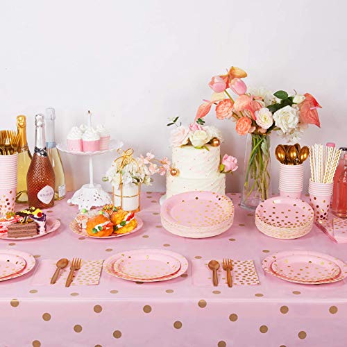  Pink Paper Plates And Napkins Party Supplies Serves 50, 4 Pack Tablecloths, Cups, Utensil, Straws Included For Girl Baby Shower, Pincess Theme Party, Birthday, Wedding, Total 354 PCS