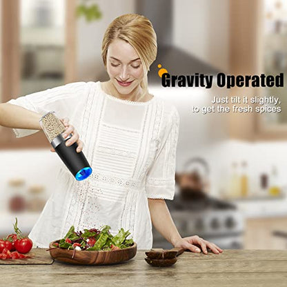  Electric Salt And Pepper Grinder Set, Automatic Gravity Salt And Pepper Mill With Adjustable Coarseness, Salt And Pepper Shakers Battery Powered With LED Light, One Hand Operation
