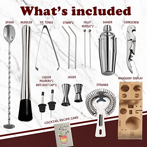  Bartender Kit Cocktail Shaker With Stylish Bamboo Stand,18-Piece Bar Tool Set With Recipes Booklet,Home Drink Mixer Set