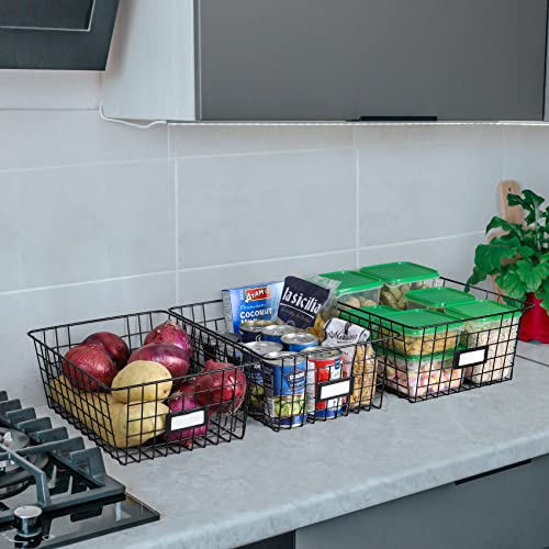 6 Pack [ Extra Large ] Wire Storage Baskets For Organizing With Lables, Pantry Organization Bins For Cabinets - Metal Basket For Kitchen, Laundry, Garage, Fridge, Bathroom Countertop Organizer, Black