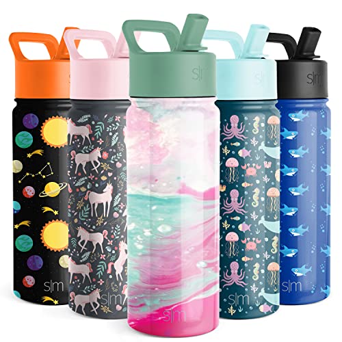  Kids Water Bottle With Straw Lid | Insulated Stainless Steel Reusable Tumbler For Toddlers, Girls, Boys | Summit Collection | 18oz, Pink Ocean Geode