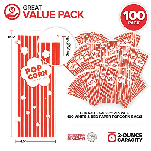  2 Oz Paper Popcorn Bags Bulk (100 Pack) Large Red & White Pop-corn Bag Disposable For Carnival Themed Party, Movie Night, Halloween, Popcorn Machine Accessories & Supplies, Individual Servings