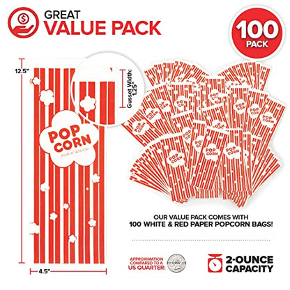  2 Oz Paper Popcorn Bags Bulk (100 Pack) Large Red & White Pop-corn Bag Disposable For Carnival Themed Party, Movie Night, Halloween, Popcorn Machine Accessories & Supplies, Individual Servings