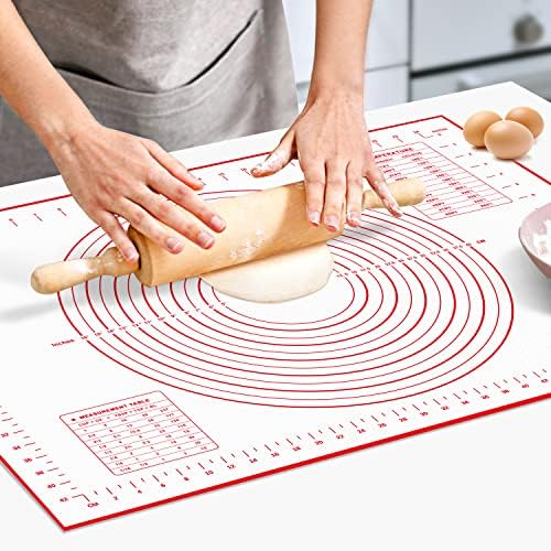  Silicone Pastry Mat For Rolling Dough, 28" X 20" Non Slip Extra Thick Large Baking Mat With Measurement Fondant Mat, Dough Mat, Counter Mat For Cookies, Macarons, Bread, Pizza - Red