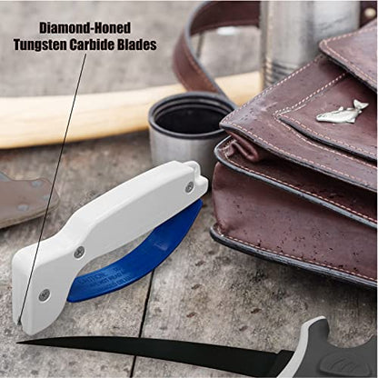  CcuSharp Knife & Tool Sharpener - Sharpens, Restores & Hones - Handheld Sharpener For Fishing, Camping, Hunting - Diamond-Honed Tungsten Carbide Sharpener - Great For Fillet Knives - White And Blue