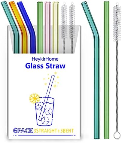  6-Pack Reusable Glass Straw-Transparent,Size 8''x10 MM,Including 3 Straight And 3 Bent With 2 Cleaning Brush- Perfect For Smoothies, Tea, Juice-Clear