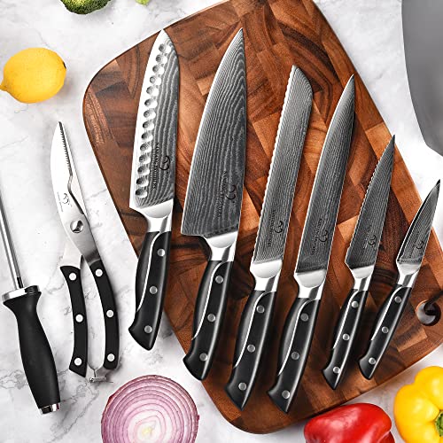  Damascus Kitchen Knife Set, XingRui Series 9 Pieces Damascus Knife Set With Block, Non-slip ABS Ergonomic Triple Rivet Handle For Chef Knives, Knife Sharpener And Kitchen Shears, Natural Wooden (Grey)