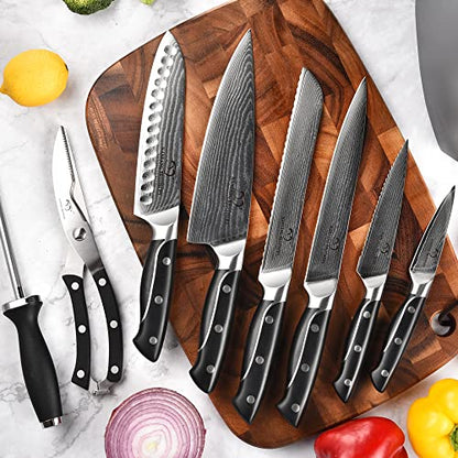  Damascus Kitchen Knife Set, XingRui Series 9 Pieces Damascus Knife Set With Block, Non-slip ABS Ergonomic Triple Rivet Handle For Chef Knives, Knife Sharpener And Kitchen Shears, Natural Wooden (Grey)