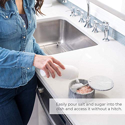  Salt Cellar With Swivel Top And Dual Compartment Elegant Marble Salt Box With Lid For Salt, Spice And Herbs Storage – 5 Ounce Capacity (White/Grey Marble)