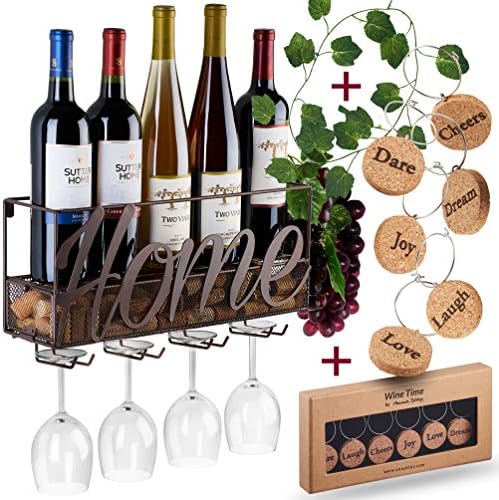  Wall Mounted Wine Rack - Bottle & Glass Holder - Cork Storage - Store Red, White, Champagne - Comes With 6 Cork Wine Charms - Home & Kitchen Décor - Designed By Anna Stay, Wine