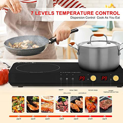  Portable Induction Cooktop 2 Burner With Removable Iron Cast Griddle Pan Non-stick, 1800W Double Induction Cooktop With Child Safety Lock & Time, Great For Family Party