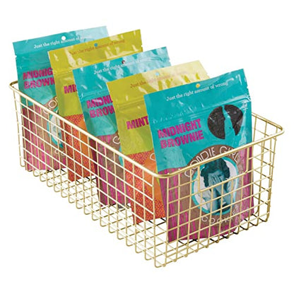  MDesign Metal Wire Food Storage Basket Organizer With Handles For Organizing Kitchen Cabinets, Pantry Shelf, Bathroom, Laundry Room, Closets, Garage - Concerto Collection - 8 Pack - Soft Brass
