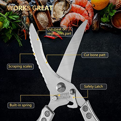  Stainless Steel Kitchen Shears,Ultra Sharp Heavy Duty Metal Poultry Scissors With Safety Lock For Cutting Come Apart Meat,Seafood,Chicken,Fish,Turkey,Barbecue,Vegetables,Herbs (Metal Handle)