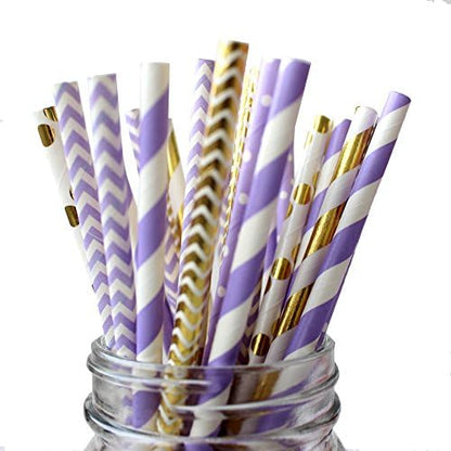  PALMAY Purple And Gold Biodegradable Drinking Paper Straws, Striped Polka Dot Chevron, 7.75 Inches, Pack Of 150