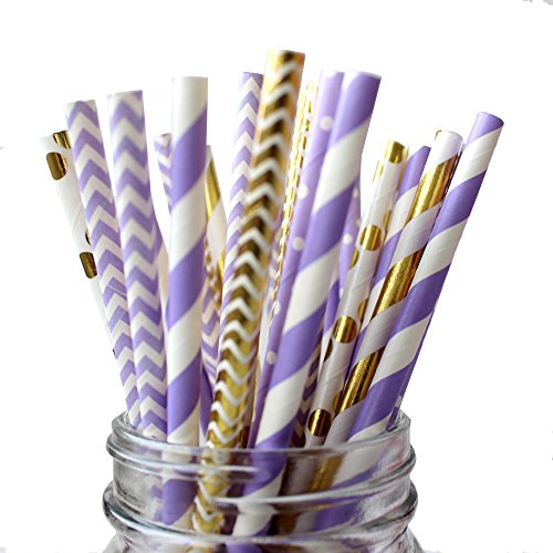  PALMAY Purple And Gold Biodegradable Drinking Paper Straws, Striped Polka Dot Chevron, 7.75 Inches, Pack Of 150