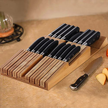  Bamboo In-Drawer Knife Block Set For 16 Knives(Not Included), Large Kitchen Detachable Washable Cutlery Slot Organizer Storage Holder For Sharpening Steel And Cutter