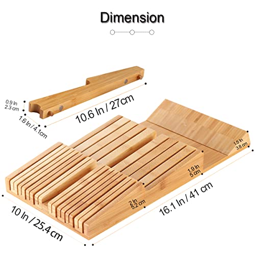 Bamboo In-Drawer Knife Block Set For 16 Knives(Not Included), Large Kitchen Detachable Washable Cutlery Slot Organizer Storage Holder For Sharpening Steel And Cutter
