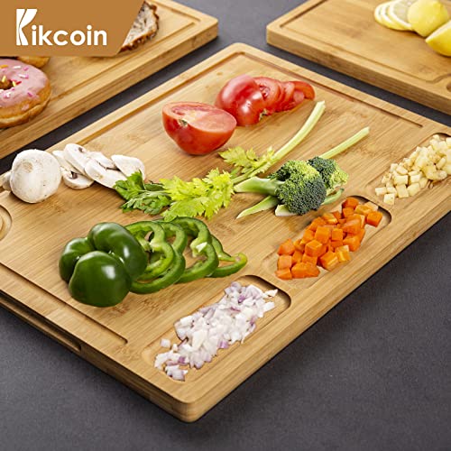  Bamboo Cutting Boards For Kitchen, (Set Of 3) Kitchen Chopping Board With 3 Built-In Compartments And Juice Groove Heavy Duty Serving Tray Wood Butcher Block And Wooden Carving Board With Hole
