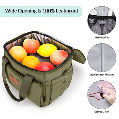  Insulated Lunch Bag For Women/Men, 12L (18 Cans) Leakproof Lunch Box For Adults, Womens Lunch Bag For Work, Reusable Lunch Cooler Tote Bag With Shoulder Strap, Green