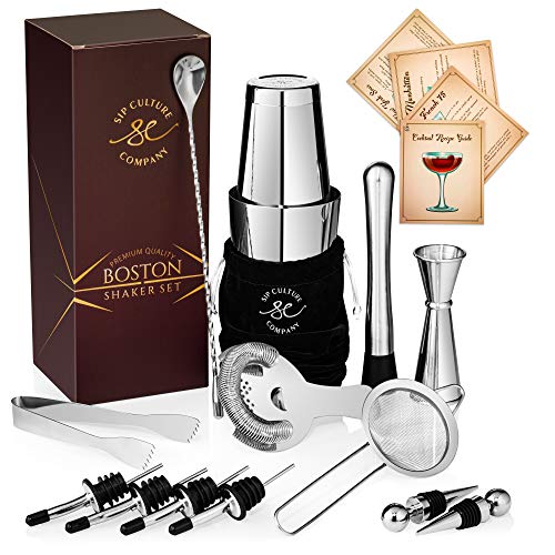  16-piece Pro Cocktail Set With Weighted Boston Shaker. Dishwasher Safe. Includes Stainless Steel Full-Service Bar Tools With Easy-Open Drink Shaker, Recipe Guide & Carry Bag