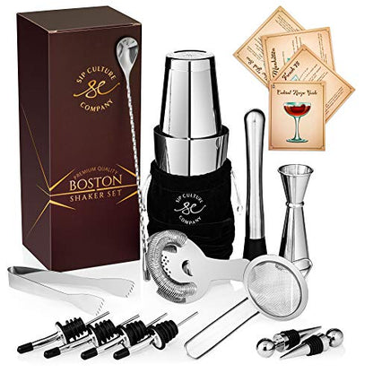  16-piece Pro Cocktail Set With Weighted Boston Shaker. Dishwasher Safe. Includes Stainless Steel Full-Service Bar Tools With Easy-Open Drink Shaker, Recipe Guide & Carry Bag