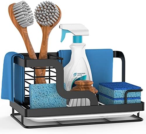  Sink Caddy Sponge Holder, Kitchen Sink Organizer For Dish Rag Soap Brush,Dishcloth Holder With Drain Pan 304 Stainless Steel