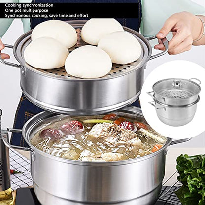  GLOGLOW Stainless Steel Steam Pot, Large Capacity Food Steaming Pot 304 Stainless Steel Multipurpose Thickened Food Grade For Electric Furnace For Gas Stove For Home (Three Layers)