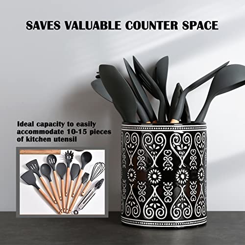  Ceramic Utensil Holder For Kitchen Counter - Large Black Utensil Crock For Countertop Organization - Modern Farmhouse Decor Kitchen Accessories - Dishwasher Safe