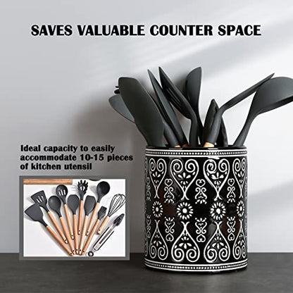  Ceramic Utensil Holder For Kitchen Counter - Large Black Utensil Crock For Countertop Organization - Modern Farmhouse Decor Kitchen Accessories - Dishwasher Safe
