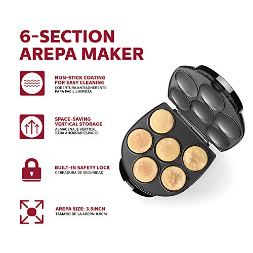  Arepa Maker - Non-Stick 6-Section Multi-Food Maker - Make Delicious Arepas, Pancakes, Corncakes, Tosti Arepa - Includes Recipe Book - Easy-to-Use - 6-PC - Black
