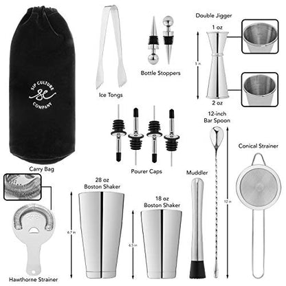  16-piece Pro Cocktail Set With Weighted Boston Shaker. Dishwasher Safe. Includes Stainless Steel Full-Service Bar Tools With Easy-Open Drink Shaker, Recipe Guide & Carry Bag
