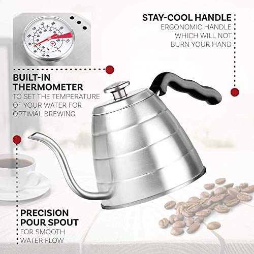 Brewello Gooseneck Kettle - Pour-Over Coffee Kettle With Built-in Thermometer And Triple-Layer Base (40-Ounce/1.2Liter) Stainless Steel Kettle For Baristas And Home Coffee Brewing Enthusiasts