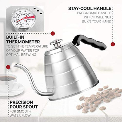  Brewello Gooseneck Kettle - Pour-Over Coffee Kettle With Built-in Thermometer And Triple-Layer Base (40-Ounce/1.2Liter) Stainless Steel Kettle For Baristas And Home Coffee Brewing Enthusiasts