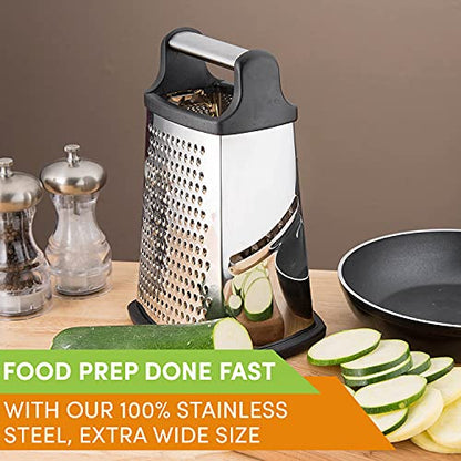  Professional Box Grater, Stainless Steel With 4 Sides, Best For Parmesan Cheese, Vegetables, Ginger, XL Size, Black