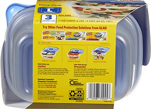  Ware Deep Dish Food Storage Containers | Large Rectangle Food Storage, Food Containers Hold Up To 64 Ounces Of Food | Glad Containers With Glad Lock Tight Seal, 3 Count