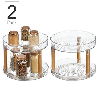  By Nate Berkus 2-Tier Plastic 9-Inch Turntable Organizer With Ash Wood Accents | For Kitchen Cabinet, Countertop, Or Pantry Organizing From MDesign - Set Of 2, Clear/Natural