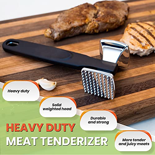  Spring Chef Meat Tenderizer, Heavy Duty Hammer Mallet Tool Chicken, Beef And Steak Pounder; Commercial Quality & Solid Construction, Dual Sided With Smooth & Textured Surface, Soft Grip Handle, Black