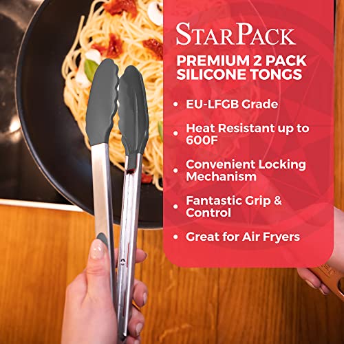  Ium Silicone Kitchen Tongs For Cooking Set (9" & 12" Gray Black) - Stainless Steel Tongs For Cooking With Silicone Tips - Non-Stick, High Heat Resistant Silicone Tongs (600°F)
