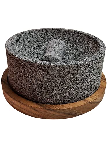  Lava Stone Mortar And Pestle/Molcajete"Chilmamolli" With Wooden Base, Elegant Design, Mexican Molcajete For Guacamole And Sauces (8 Inches)