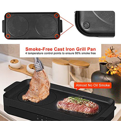  Portable Induction Cooktop 2 Burner With Removable Iron Cast Griddle Pan Non-stick, 1800W Double Induction Cooktop With Child Safety Lock & Time, Great For Family Party