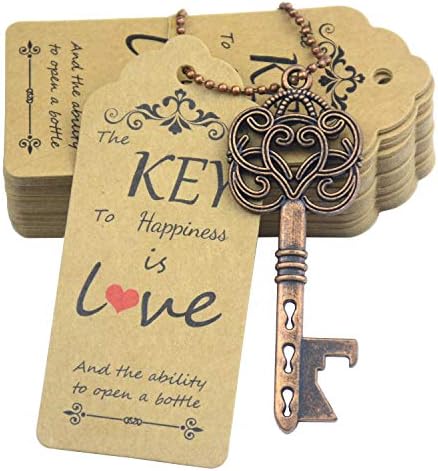  52pcs Vintage Skeleton Key Bottle Opener Wedding Party Favor Guest Souvenir Gift Set With Tag Card And Keychain(Antique Copper)