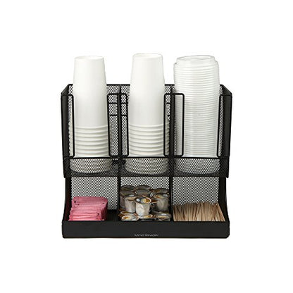  6 Compartment Upright Breakroom Coffee Condiment And Cup Storage Organizer, Black Metal Mesh
