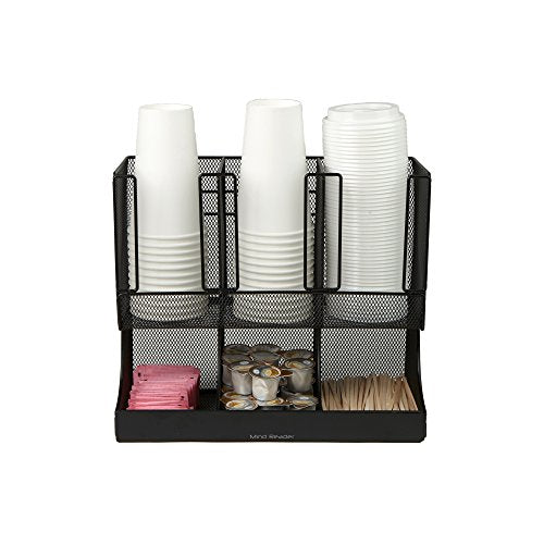  6 Compartment Upright Breakroom Coffee Condiment And Cup Storage Organizer, Black Metal Mesh