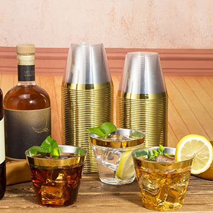  Plastic Cups Party Cups 100 Pack 9 Oz Gold Plastic Cups Disposable Cups Gold Rimmed Clear Plastic Cups For Wedding Reusable Elegant Plastic Wine Glasses Gold Cups Cocktail Cups