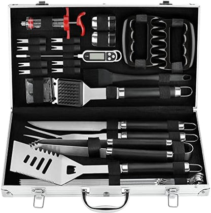  26PC Exclusive BBQ Grill Accessories In Aluminum Case For Birthday Christmas Grilling Gifts - Premium Grill Utensils Set With Barbecue Claws, Meat Injector, Thermometer For Smoker, Camping