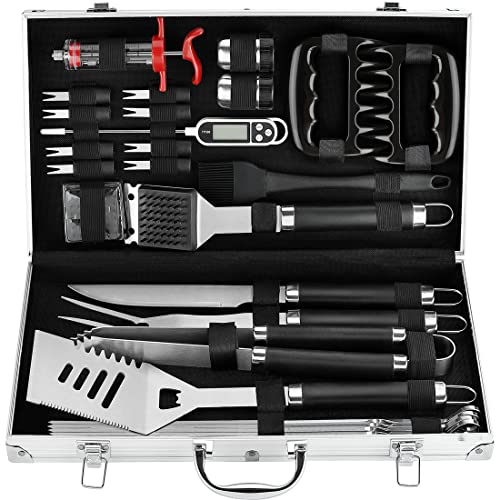  26PC Exclusive BBQ Grill Accessories In Aluminum Case For Birthday Christmas Grilling Gifts - Premium Grill Utensils Set With Barbecue Claws, Meat Injector, Thermometer For Smoker, Camping