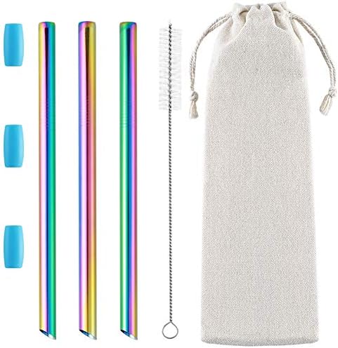  3 Pcs Reusable Boba Straws & Smoothie Straws, 0.5" Wide Stainless Steel Straws, Angled Tips Metal Straws For Bubble Tea, Milkshakes, Smoothies With Cleanning Brush & Case (Rainbow)