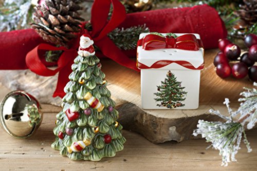 Spode Christmas Tree Collection Gold Figural Tree & Gift Salt And Pepper Shaker, Green, Measures 3.5-Inches, Holiday Kitchen And Table Shaker Set, Festive Home Décor