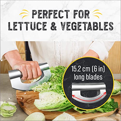 Mezzaluna Salad Chopper - Stainless Steel Rocker Knife For Lettuce & Vegetables W/Blade Covers﻿